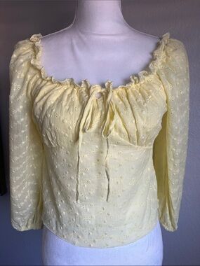 Yellow Ruffle-Trim Peasant Blouse with Tie Front